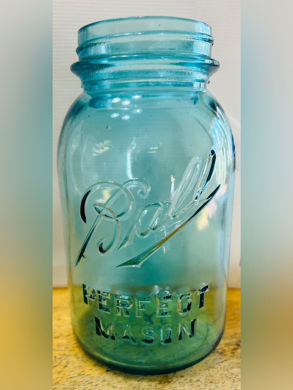 Ball Perfect Mason jar, mold # 0.  Blue, made 1913 to 1922. Excellent condition!